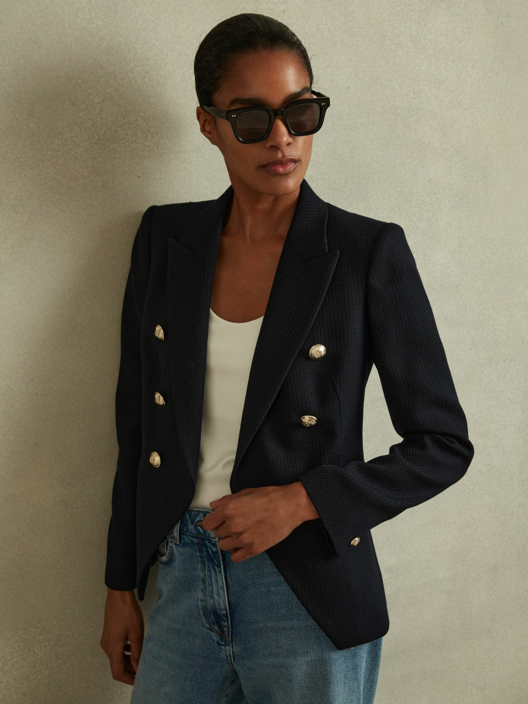 Reiss Offer - Petite Tailored Fit Textured Double Breasted Blazer in Navy