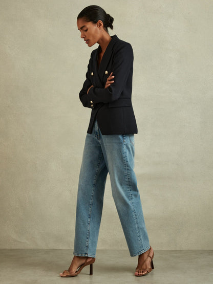 Reiss Offer - Petite Tailored Fit Textured Double Breasted Blazer in Navy