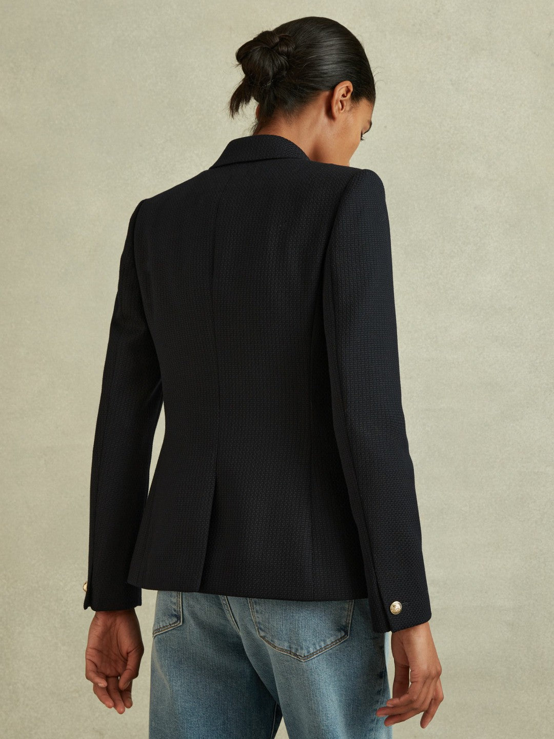 Reiss Offer - Petite Tailored Fit Textured Double Breasted Blazer in Navy