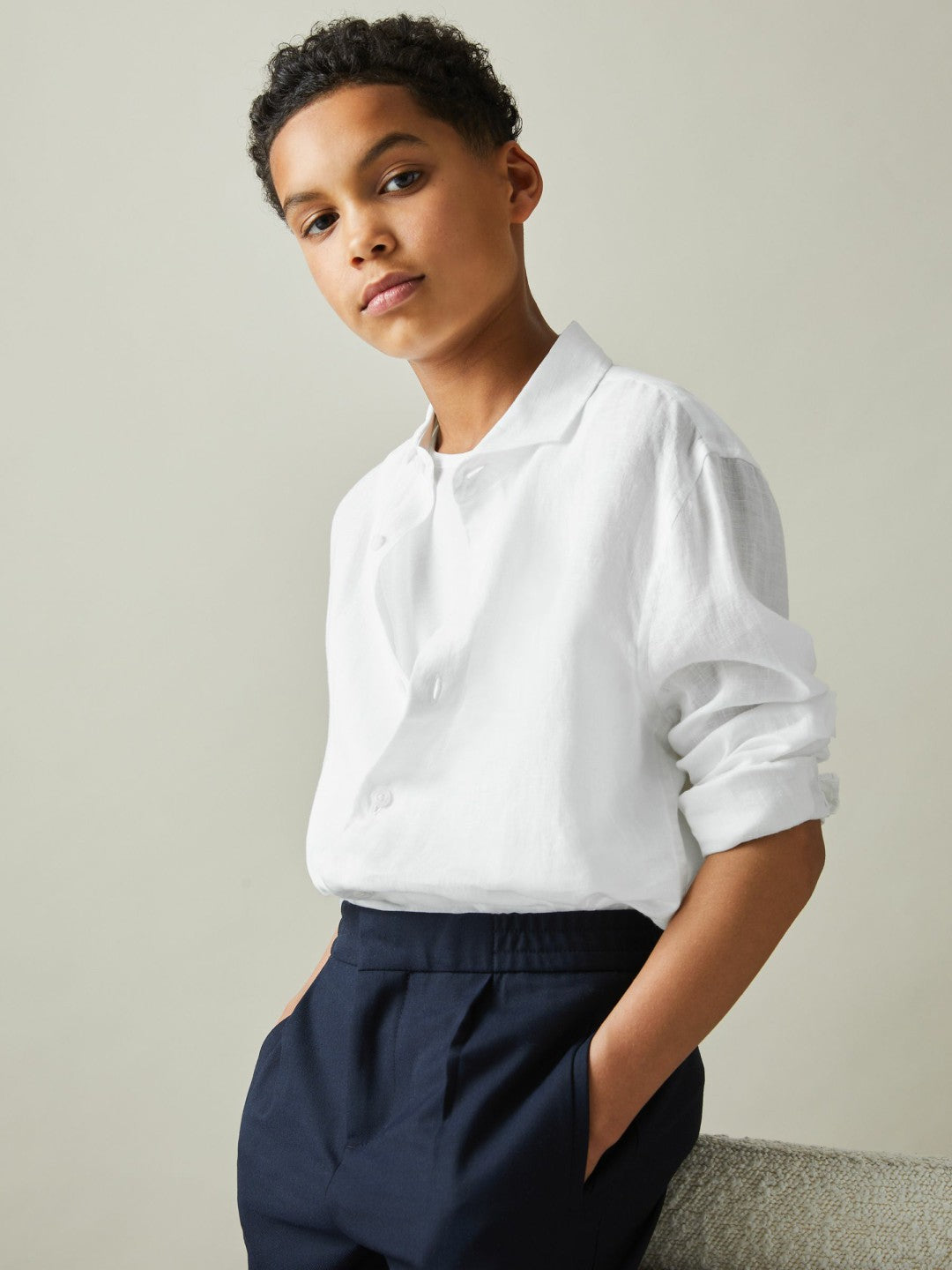 Reiss 3-9 yrs Linen Cutaway Collar Shirt in White