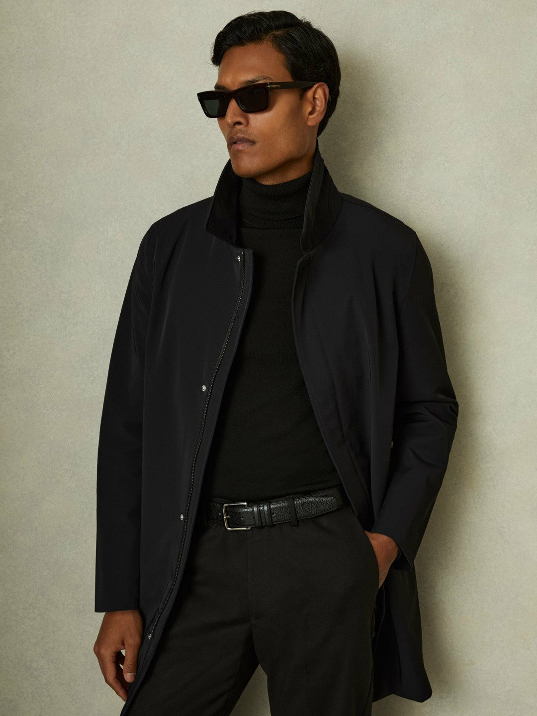 Reiss Deal - Hybrid Removable Funnel Neck Overcoat in Black