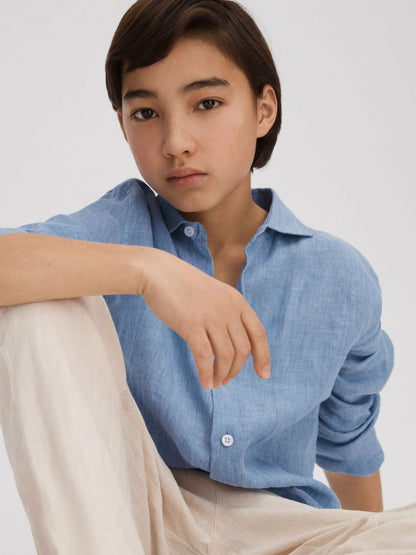 Reiss 3-9 yrs Linen Cutaway Collar Shirt in Sky Blue