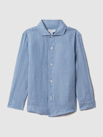 Reiss 3-9 yrs Linen Cutaway Collar Shirt in Sky Blue