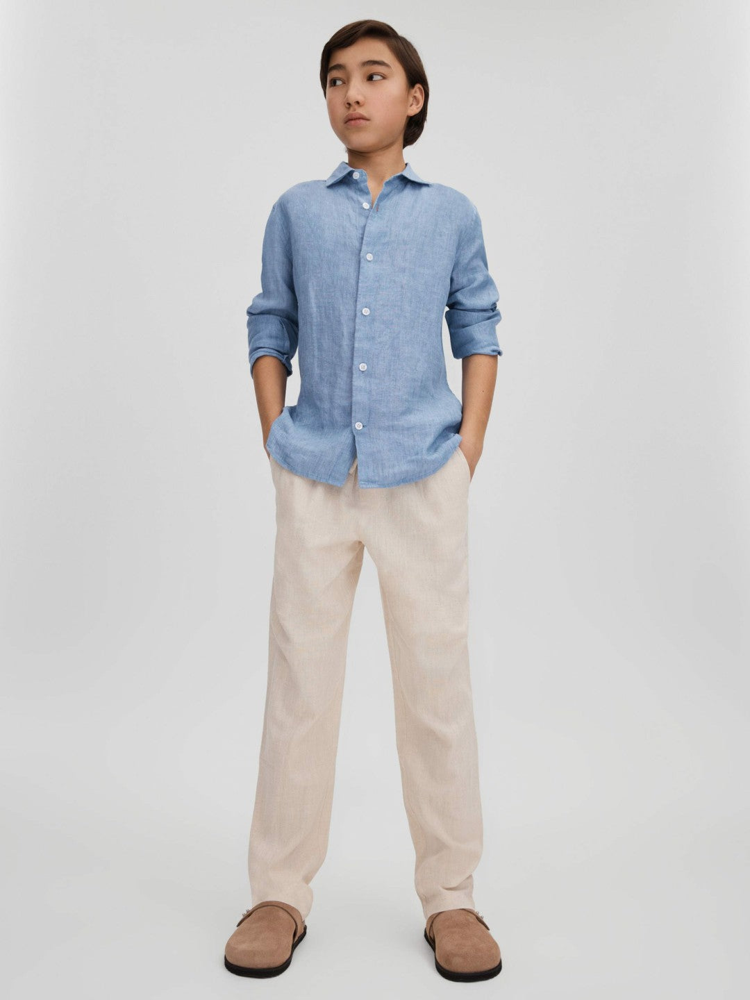 Reiss 3-9 yrs Linen Cutaway Collar Shirt in Sky Blue