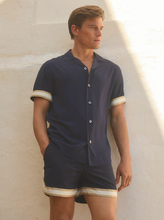 Reiss Popular Choice - | Ché Cuff Detail Cuban Collar Shirt in Navy