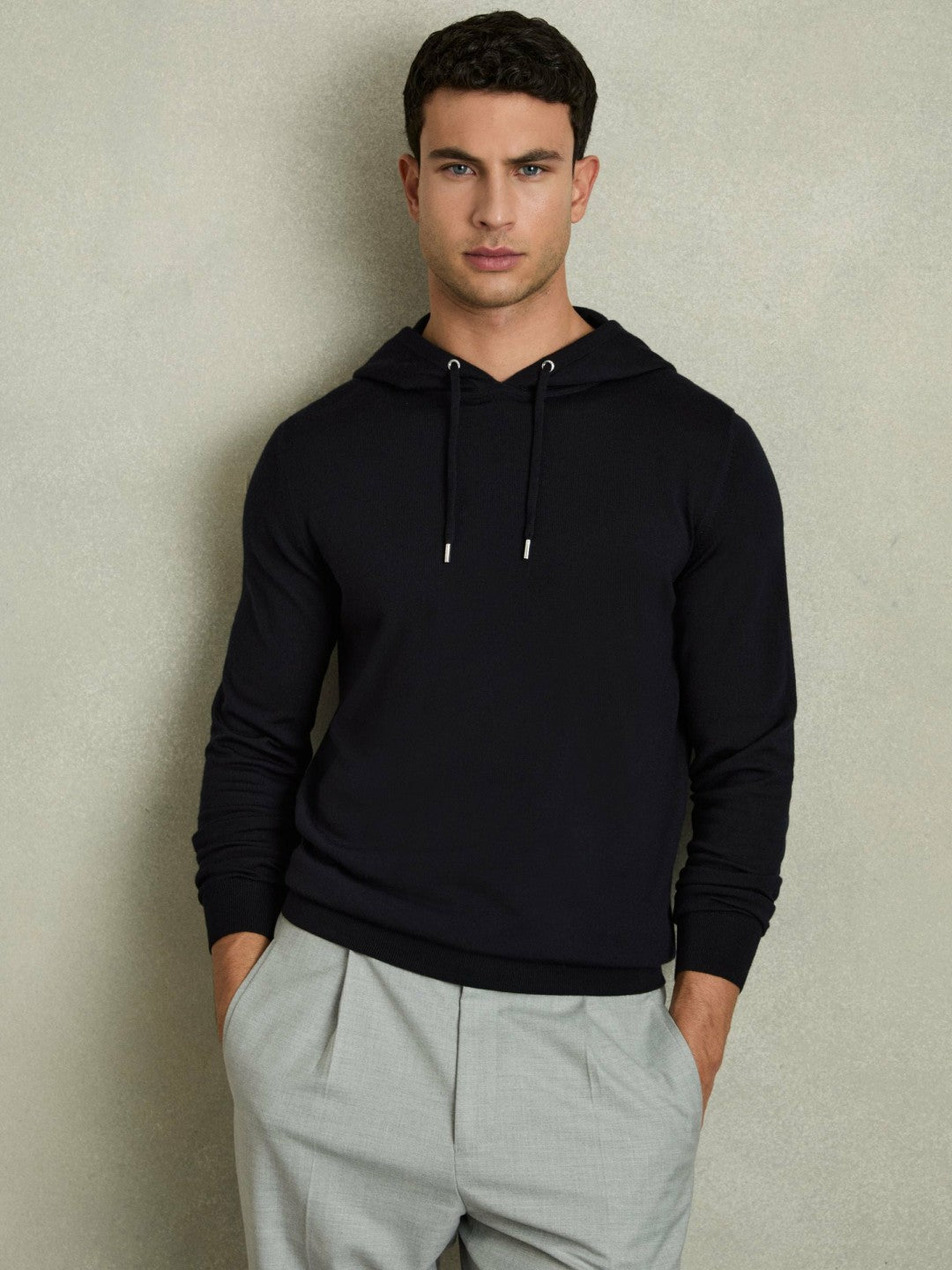 Reiss Best Seller - Merino Wool Drawstring Hoodie in Navy