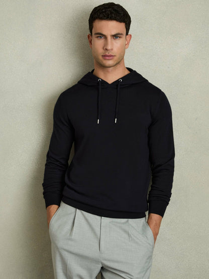 Reiss Best Seller - Merino Wool Drawstring Hoodie in Navy