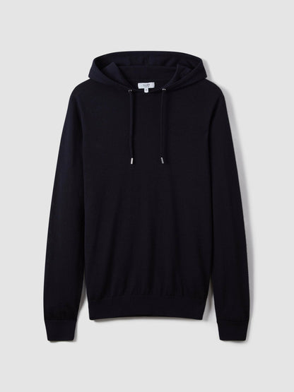 Reiss Best Seller - Merino Wool Drawstring Hoodie in Navy