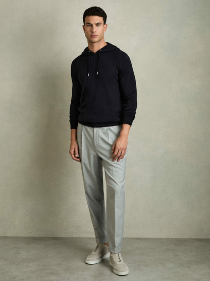 Reiss Best Seller - Merino Wool Drawstring Hoodie in Navy