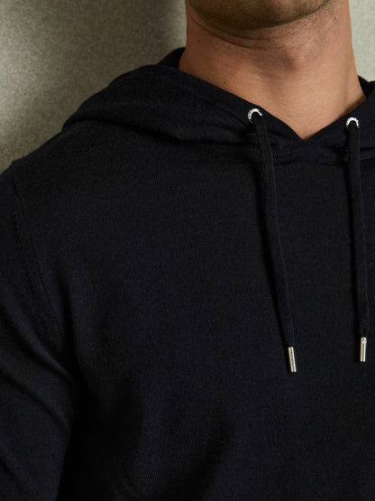 Reiss Best Seller - Merino Wool Drawstring Hoodie in Navy