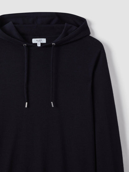 Reiss Best Seller - Merino Wool Drawstring Hoodie in Navy