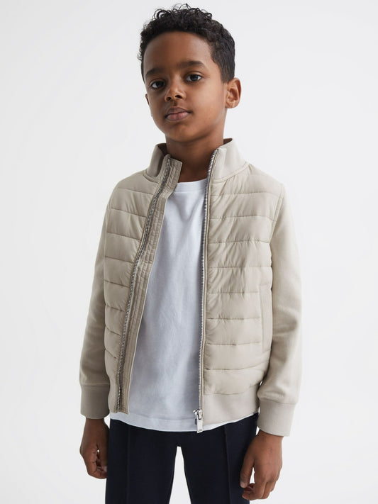 Reiss Popular Choice - 3-9 yrs Funnel Neck Quilted Hybrid Jacket in Stone