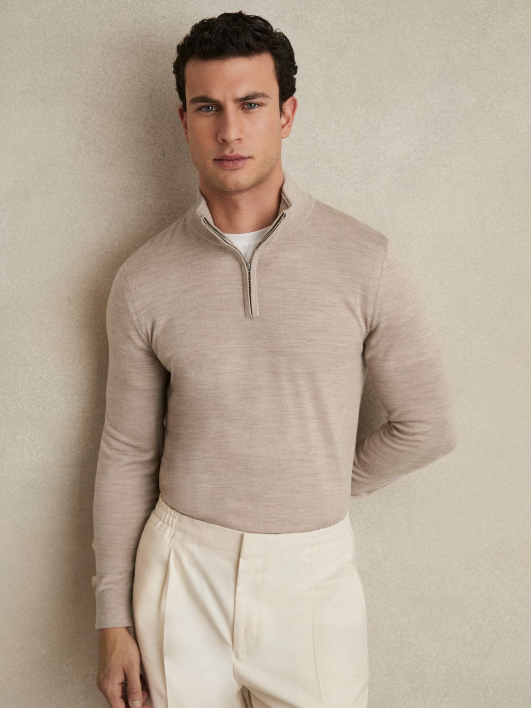 Reiss Popular Choice - Merino Wool Half-Zip Jumper in Wheat Melange