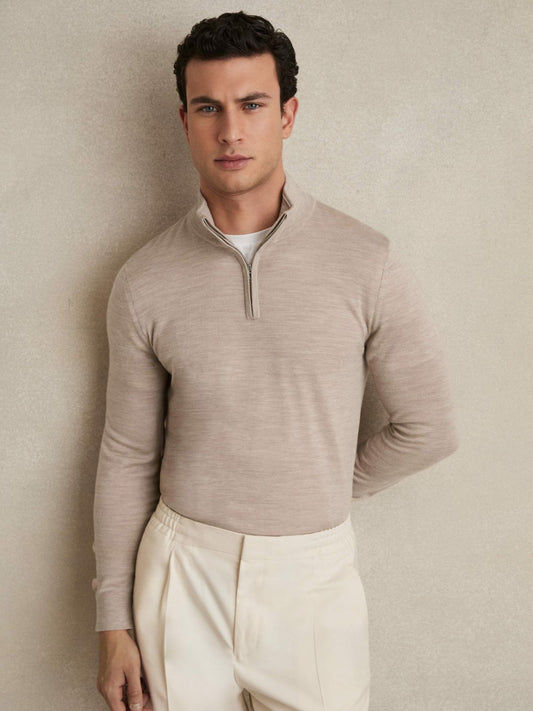 Reiss Popular Choice - Merino Wool Half-Zip Jumper in Wheat Melange