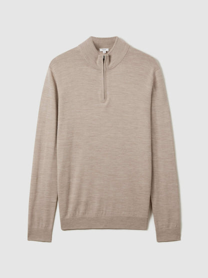 Reiss Popular Choice - Merino Wool Half-Zip Jumper in Wheat Melange