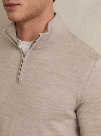 Reiss Popular Choice - Merino Wool Half-Zip Jumper in Wheat Melange
