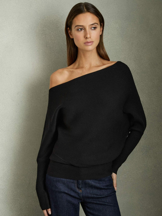 Reiss Affordable - Asymmetric Draped Knitted Jumper in Black