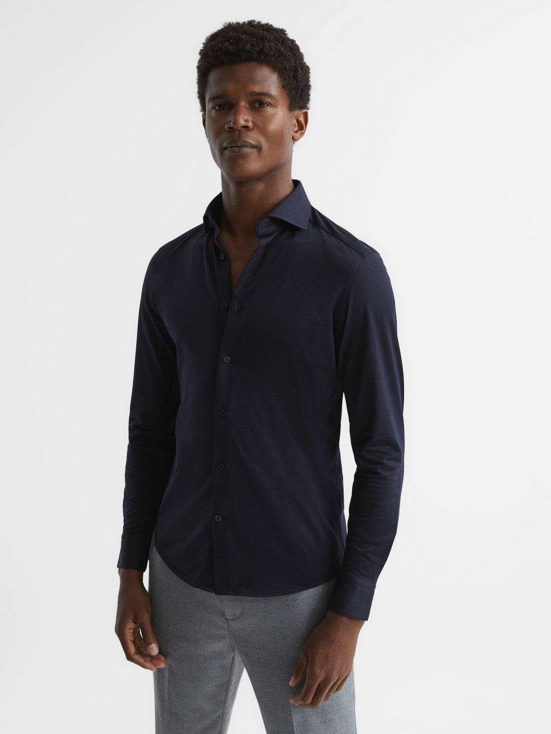 Reiss Deal - Cotton-Blend Jersey Cutaway-Collar Shirt in Navy