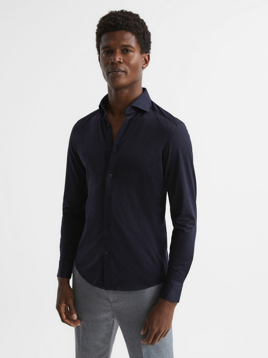 Reiss Deal - Cotton-Blend Jersey Cutaway-Collar Shirt in Navy