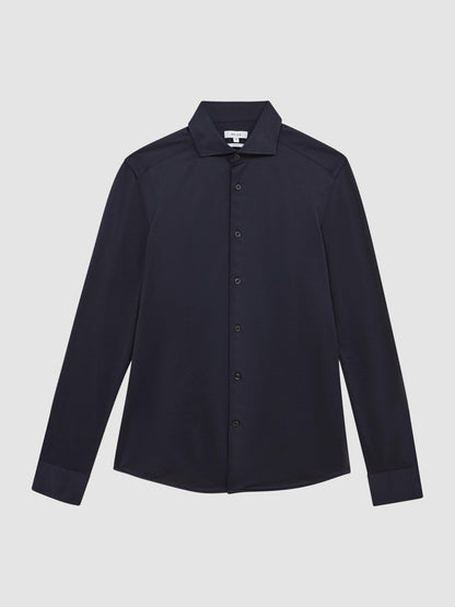 Reiss Deal - Cotton-Blend Jersey Cutaway-Collar Shirt in Navy