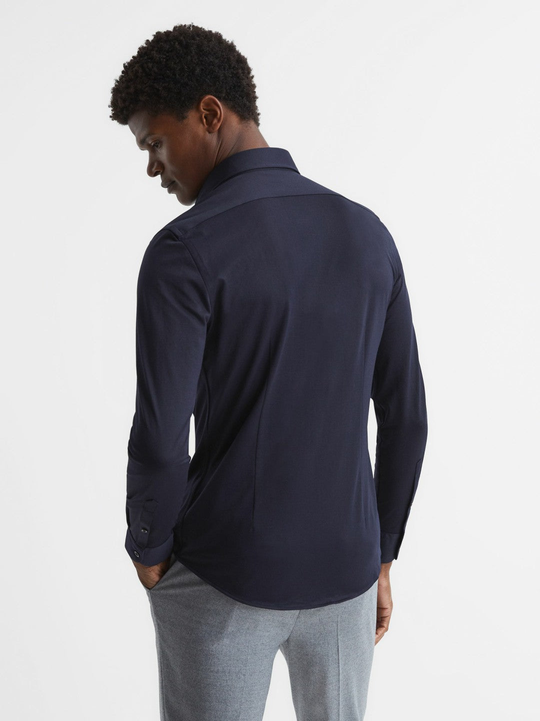 Reiss Deal - Cotton-Blend Jersey Cutaway-Collar Shirt in Navy