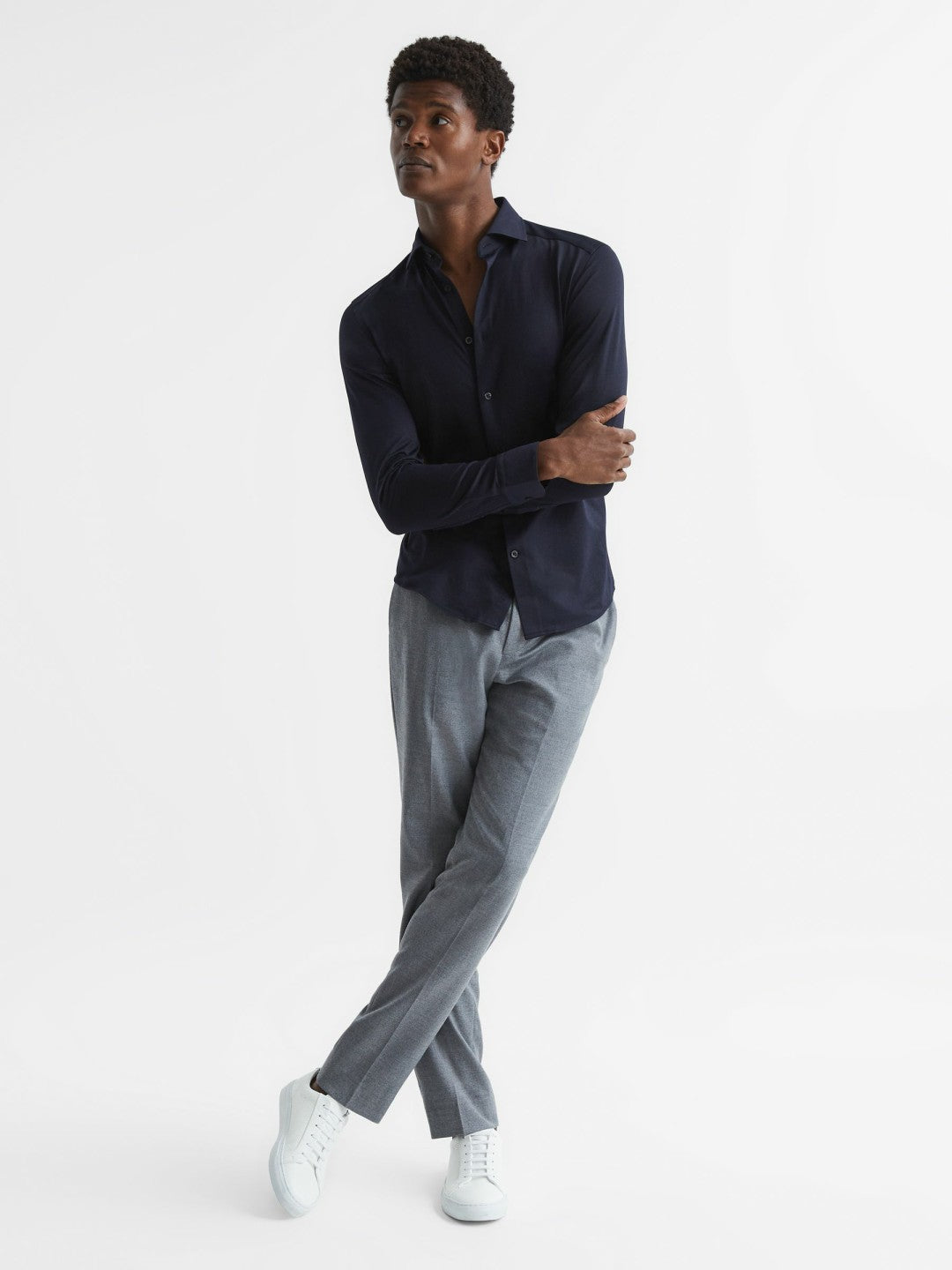 Reiss Deal - Cotton-Blend Jersey Cutaway-Collar Shirt in Navy