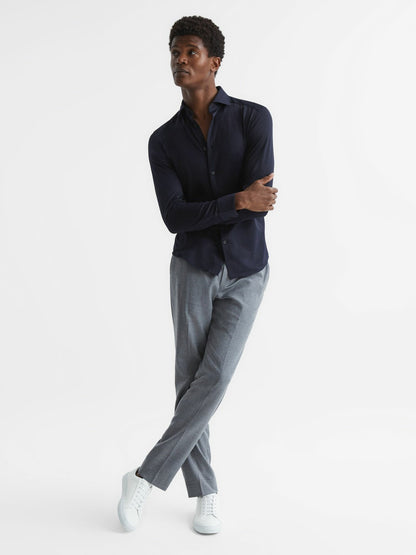 Reiss Deal - Cotton-Blend Jersey Cutaway-Collar Shirt in Navy