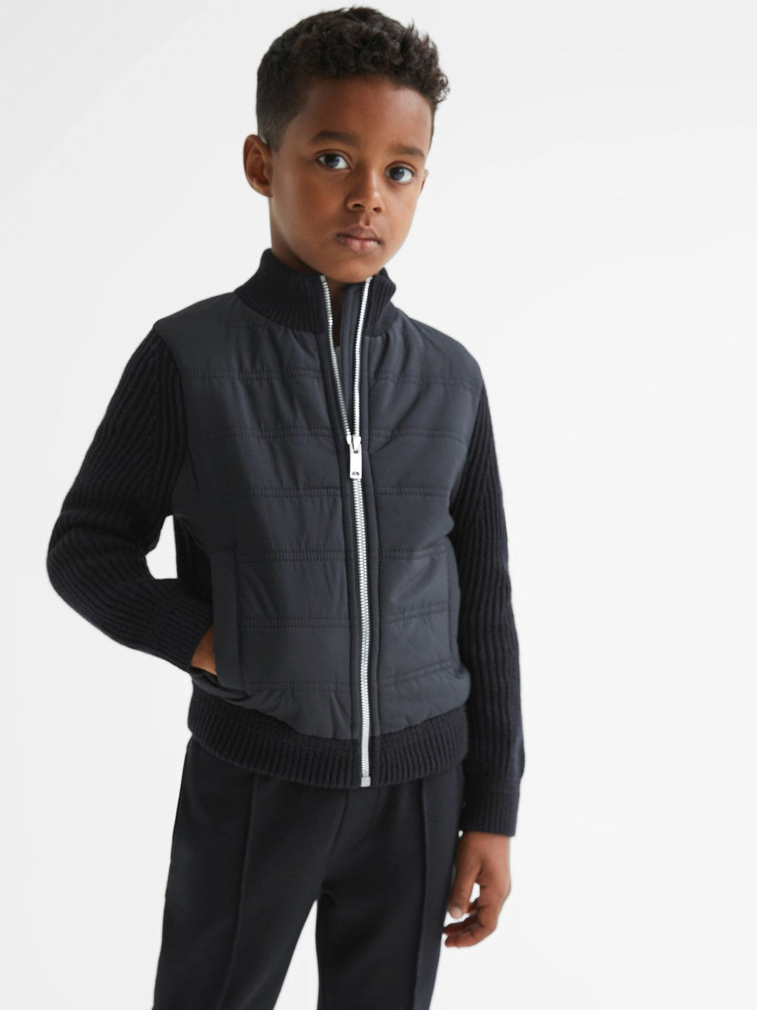 Reiss Featured - 9-14 yrs Hybrid Zip Through Quilted Jacket in Navy