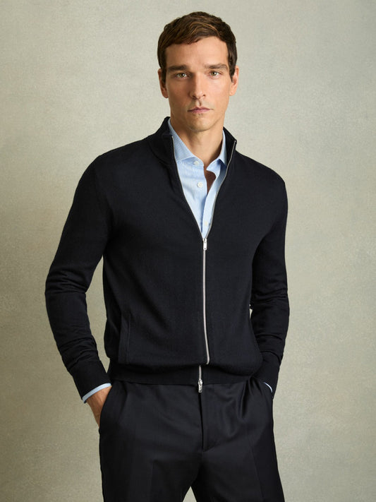 Reiss Value - Merino Wool Zip-Through Cardigan in Navy