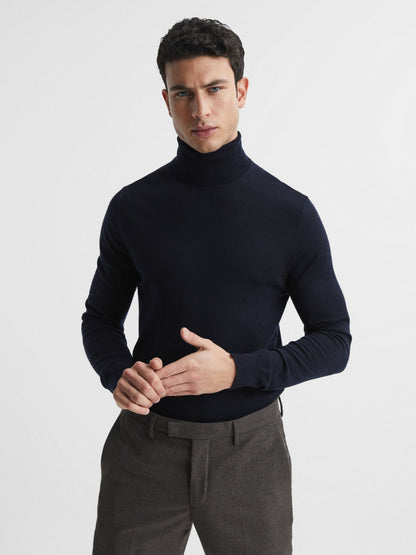 Reiss Value - Slim Fit Merino Wool Roll Neck Jumper in Navy