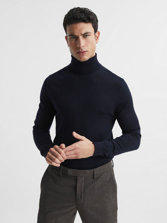 Reiss Value - Slim Fit Merino Wool Roll Neck Jumper in Navy