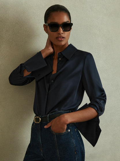 Reiss Affordable - Silk Double-Cuff Button-Through Shirt in Navy