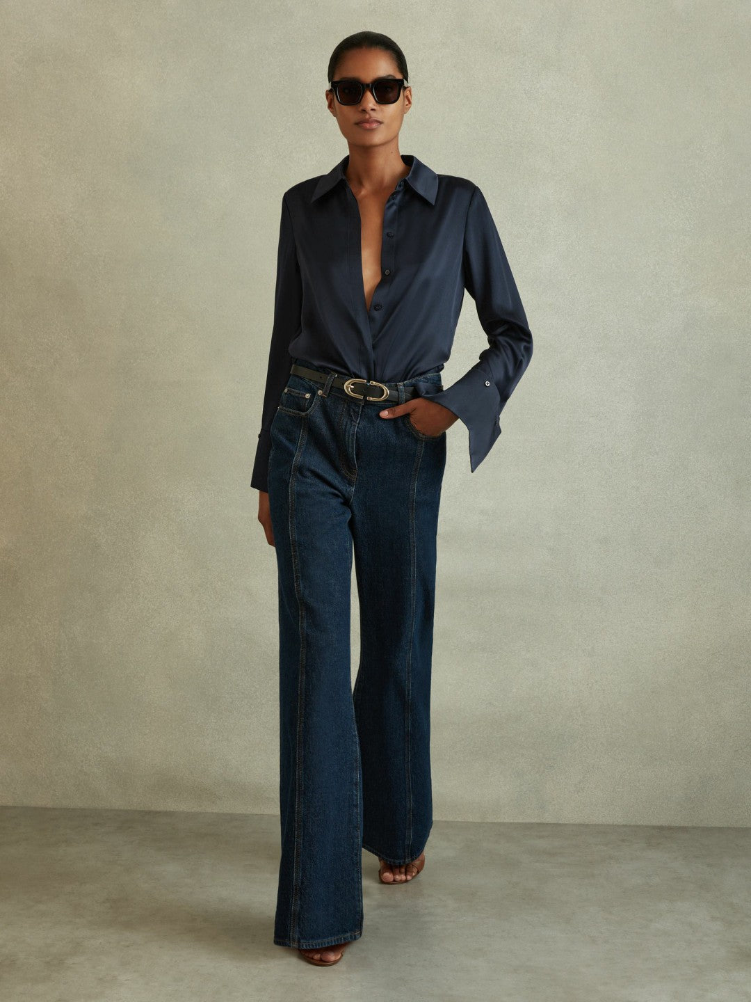 Reiss Affordable - Silk Double-Cuff Button-Through Shirt in Navy