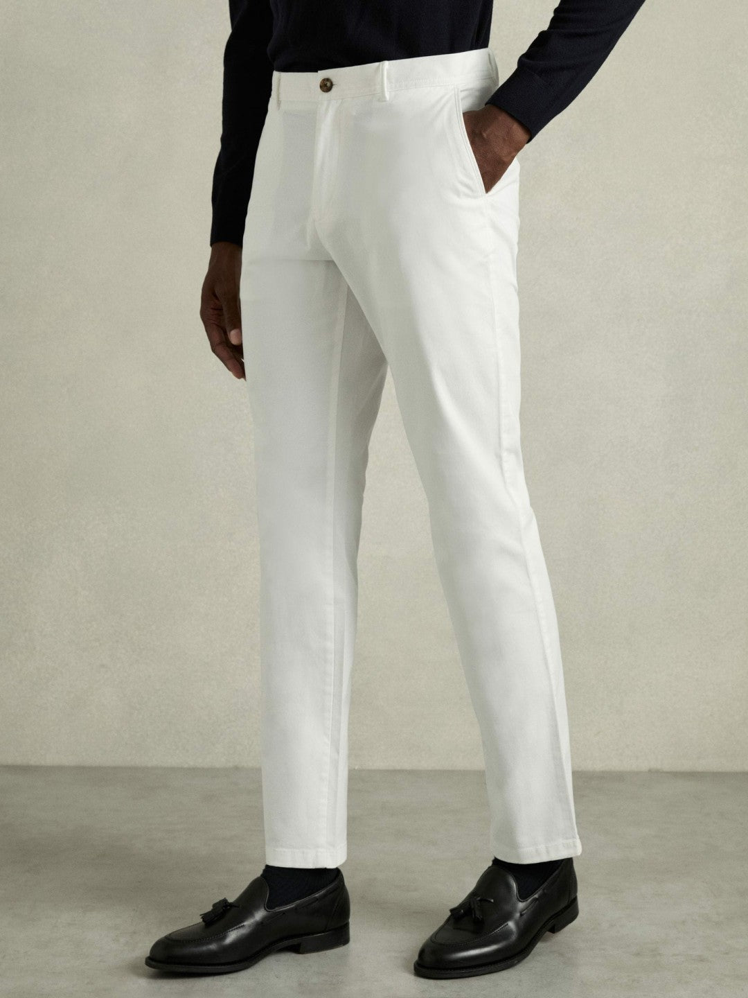 Reiss Affordable - Slim Fit Washed Cotton Blend Chinos in White