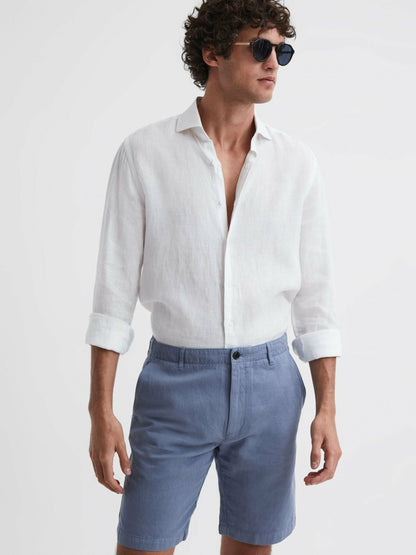Reiss Best Seller - Cotton-Linen Blend Shorts in Airforce Blue
