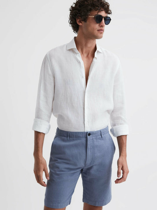 Reiss Best Seller - Cotton-Linen Blend Shorts in Airforce Blue