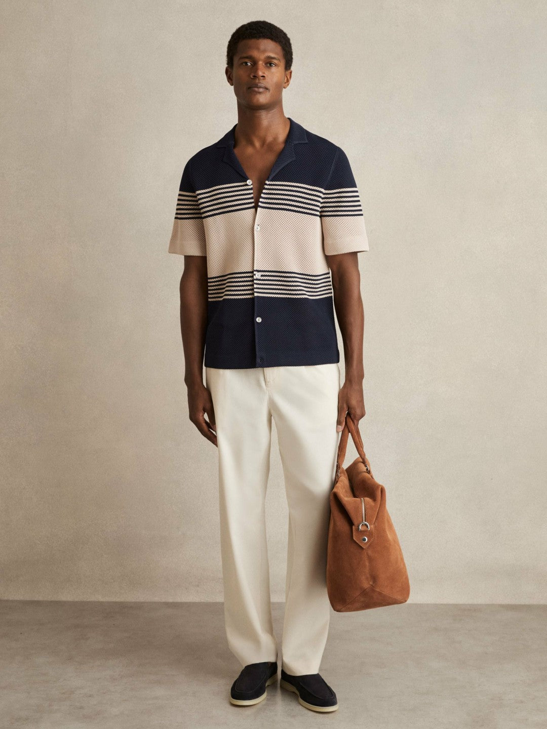 Reiss Deal - Stripe Textured-Knit Cuban-Collar Shirt in Navy/Stone