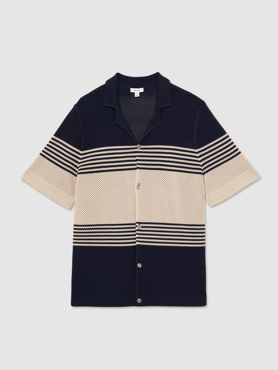 Reiss Deal - Stripe Textured-Knit Cuban-Collar Shirt in Navy/Stone