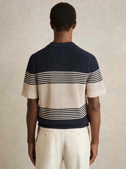 Reiss Deal - Stripe Textured-Knit Cuban-Collar Shirt in Navy/Stone