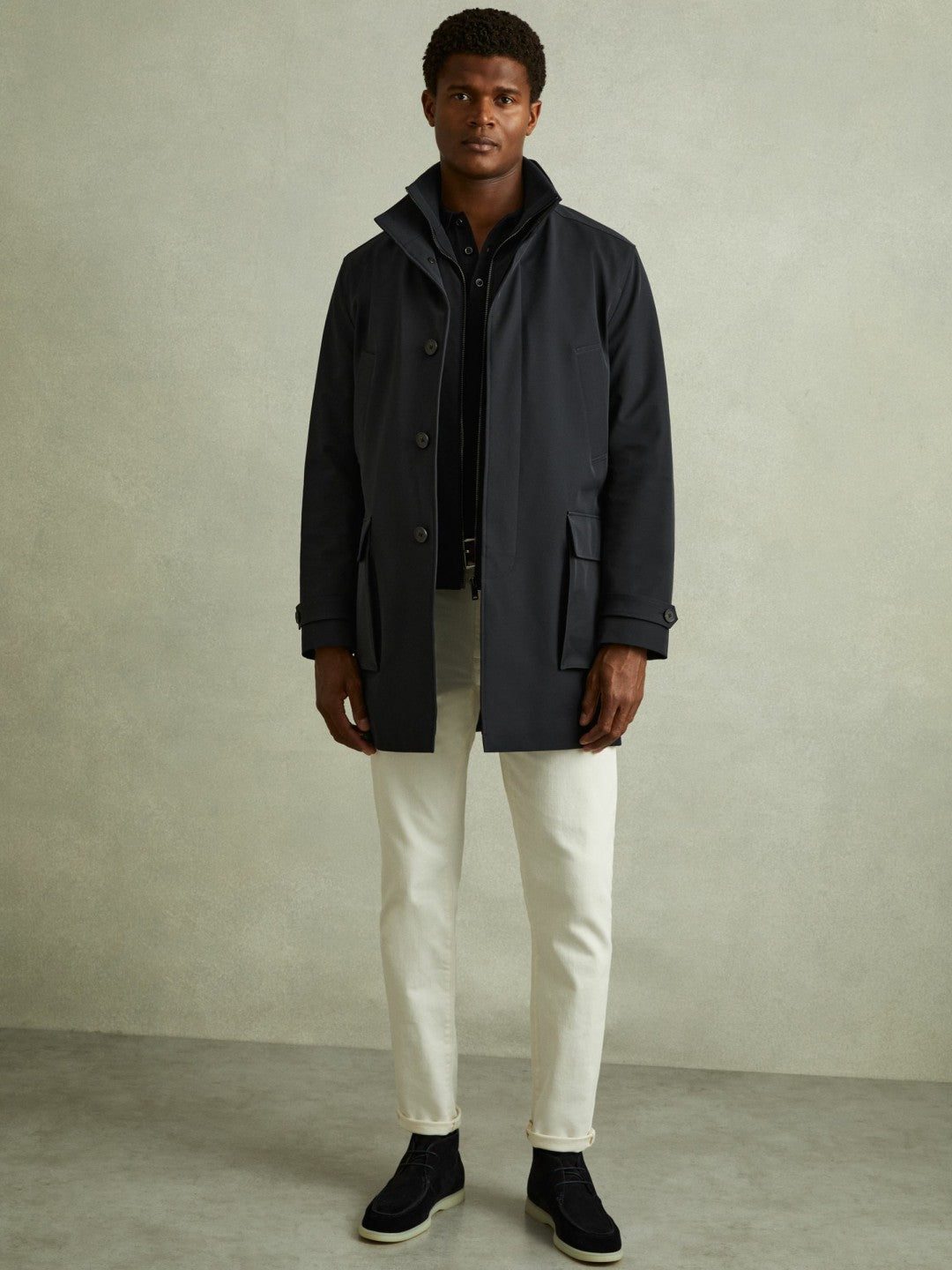 Reiss Featured - Hybrid Removable Funnel Neck Overcoat in Navy