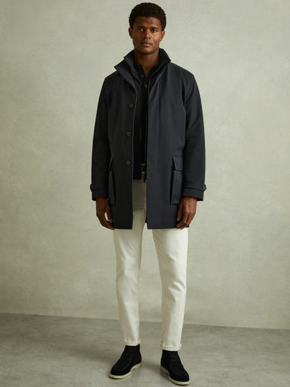 Reiss Featured - Hybrid Removable Funnel Neck Overcoat in Navy