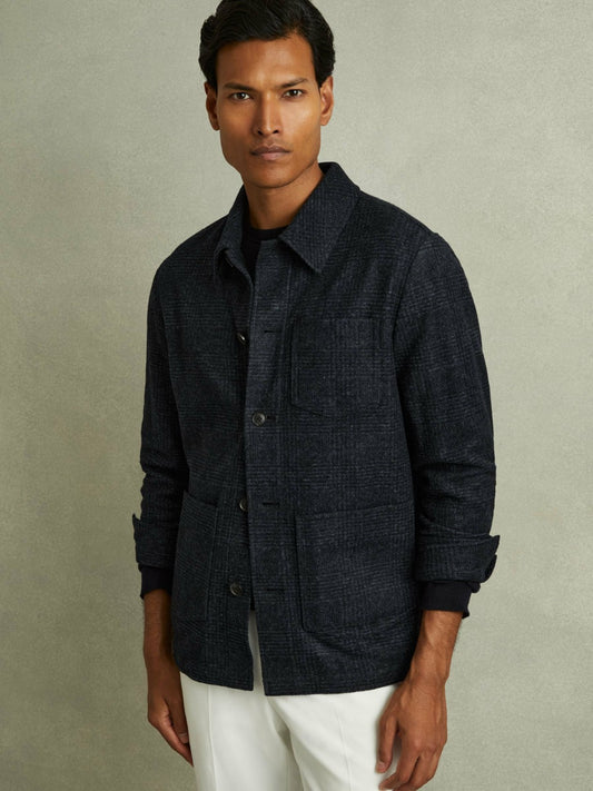 Reiss Affordable - Checked Button Through Worker Jacket in Navy Melange