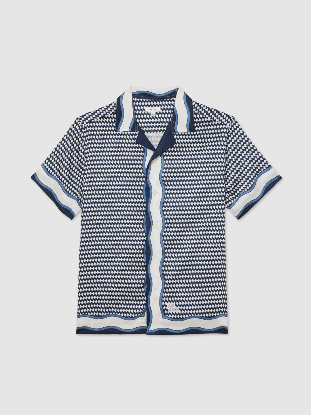 Reiss Affordable - Geometric-Print Cuban-Collar Shirt in White/Navy