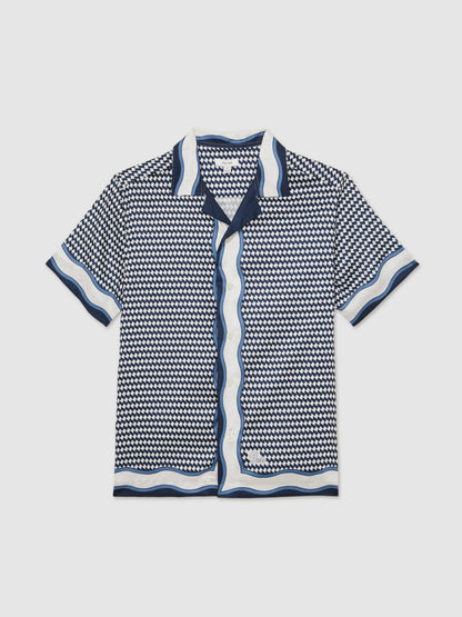 Reiss Affordable - Geometric-Print Cuban-Collar Shirt in White/Navy