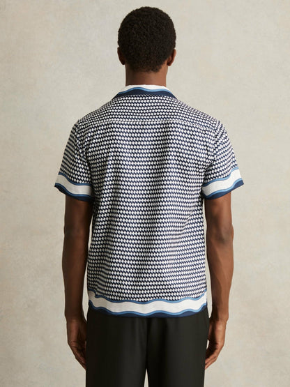 Reiss Affordable - Geometric-Print Cuban-Collar Shirt in White/Navy