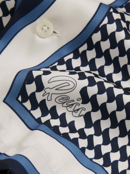 Reiss Affordable - Geometric-Print Cuban-Collar Shirt in White/Navy