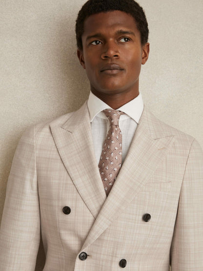 Reiss Value - Double-Breasted Check Suit Blazer Regular-Fit in Stone
