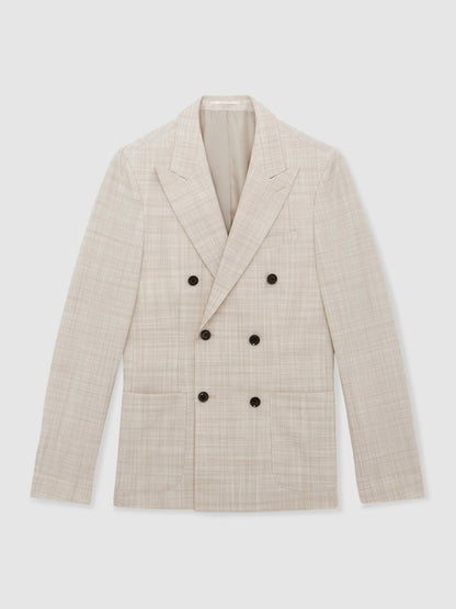 Reiss Value - Double-Breasted Check Suit Blazer Regular-Fit in Stone