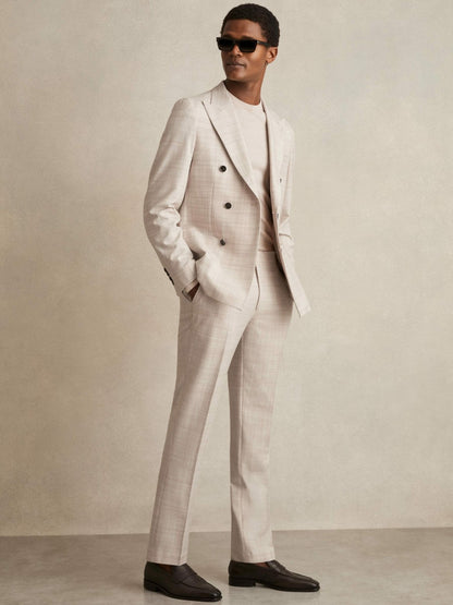 Reiss Value - Double-Breasted Check Suit Blazer Regular-Fit in Stone