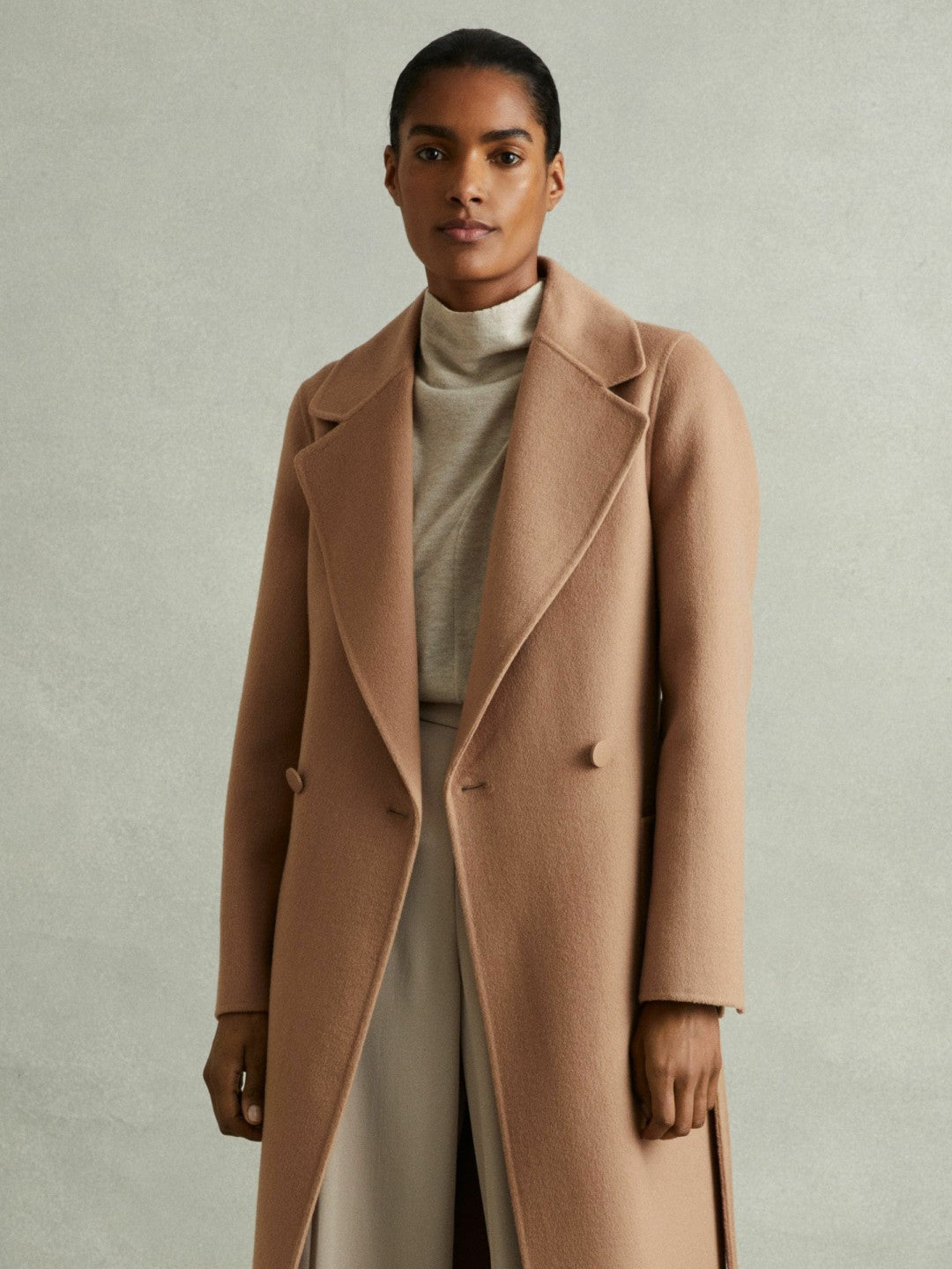 Reiss Popular Choice - Petite Wool Blend Double Breasted Blindseam Coat in Light Camel
